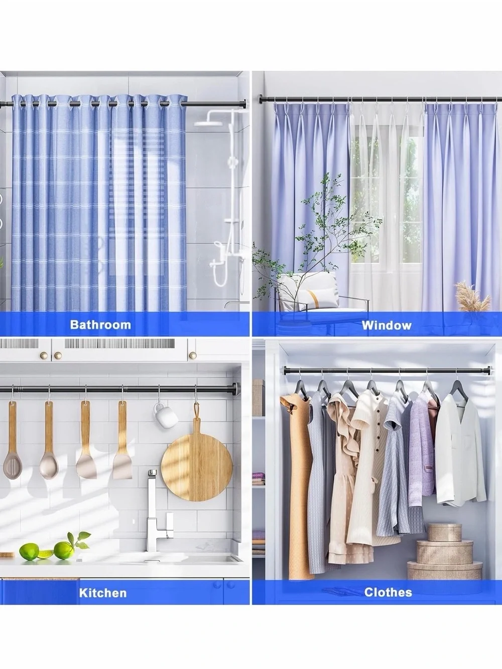 🚿🖤 Ausemku Heavy-Duty Adjustable Tension Shower Curtain Rod – Black (32–80”)